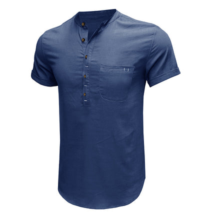 Wholesale Men's Solid Color Pocket Short Sleeve Cotton Linen Shirt