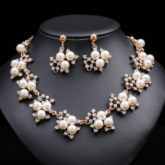 Pearl Necklace Earrings Set Women Alloy Plating Bridal Dress Accessories