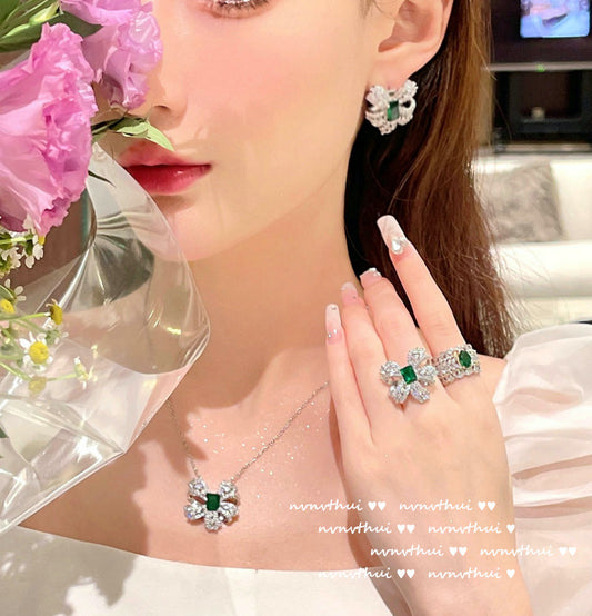 Malachite Emerald Necklace 18K Gold Plated Bow Zirconia Earring
