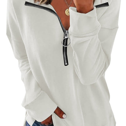 Solid Color Zipper Lapel Long Sleeve Pullover Sweatshirt