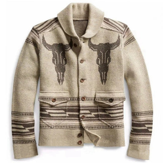 Wholesale Men's Jacquard Long Sleeve Lapel Button Cardigan Sweater Jacket