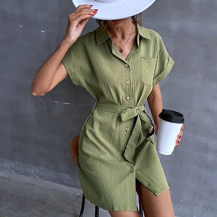 Wholesale Women's Summer Lapel Short Sleeve Cotton Linen Shirt Dress