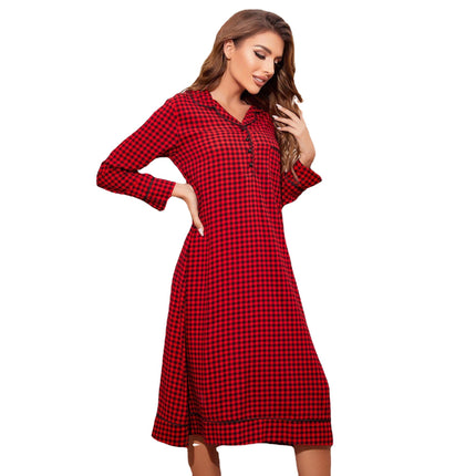 Camisón de mujer de otoño e invierno al por mayor, pijamas sueltos de longitud media con rejilla roja
