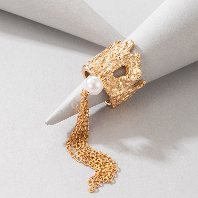 Simple Irregular Gold Geometric Pearl Chain Tassel Ring