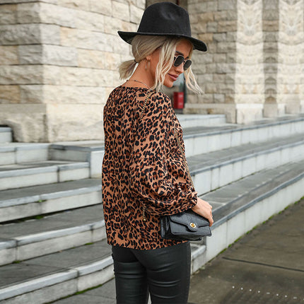 Herbst-Frauen-Pullover-Leopard-Druck-Chiffon-Hemd