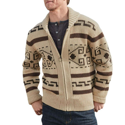 Wholesale Men's Lapel Collar Long Sleeve Jacquard Zipper Cardigan Sweater Jacket