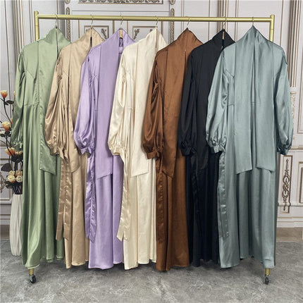 Muslimisches Cardigan-Kleid mit dicken Satinärmeln für Damen