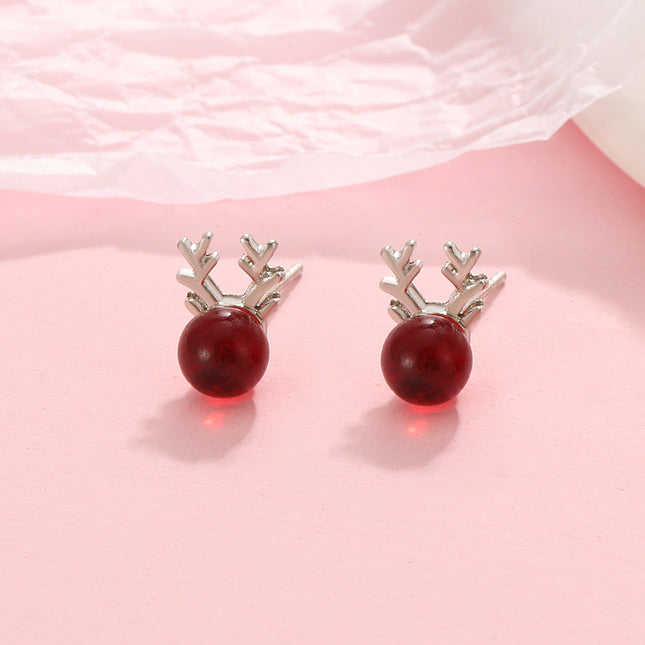 Christmas Fashion Wine Red Niche Design Cute Antler Stud Earrings