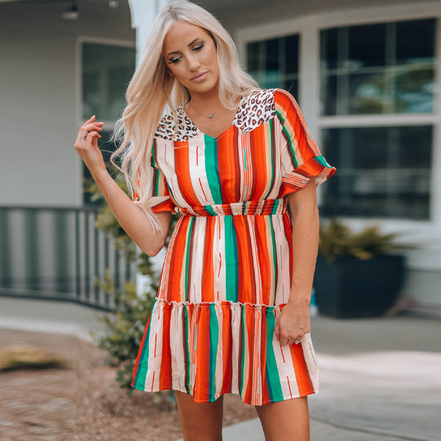 Wholesale Women's Short Sleeve V Neck Pullover Loose Striped Dress