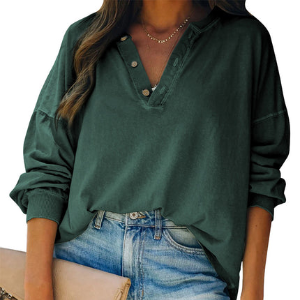 Women's Solid Color Button Half Cardigan Long Sleeve Casual T-Shirt