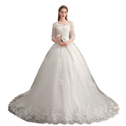 Wholesale Bridal Large Size Long Sleeve Trailing Lace High Waist Wedding Dress