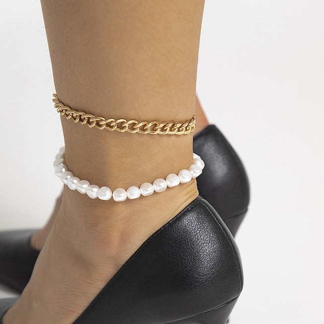 Simple Metal Beaded Imitation Pearl Chain Double Layer Anklet