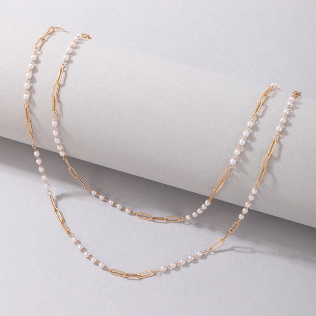 Collar de doble capa de cadena de aleación con cuentas de perlas