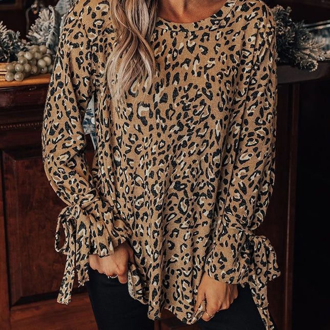Women's Round Neck Leopard Print Long Sleeve Knotted Cuff T-Shirt