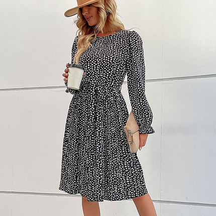 Wholesale Women's Fall Leopard Print Tie Long Sleeve Pleated Dress