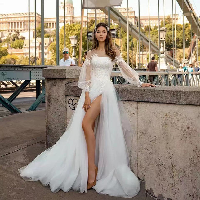 Wholesale Bride V-Neck Slit A-Line Skirt Slim Evening Dress Wedding Dress