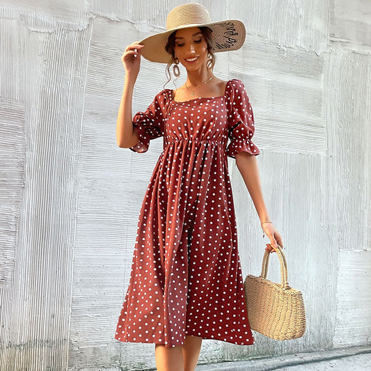 Wholesale Women's Summer Puff Sleeve Polka Dot Square Neck Dress