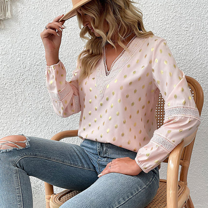 Wholesale Women's Bronzing Polka Dot Lace Long Sleeve V-Neck Shirt