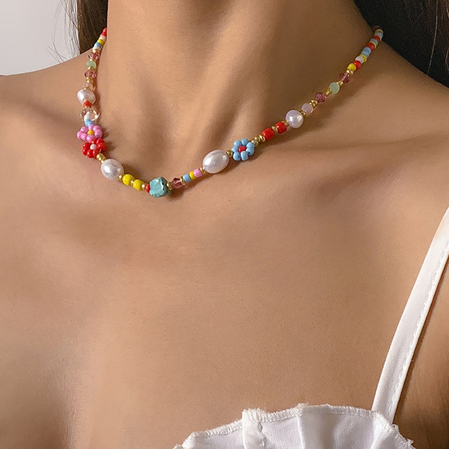 Simple Colorful Rice Beads Beaded Flower Necklace