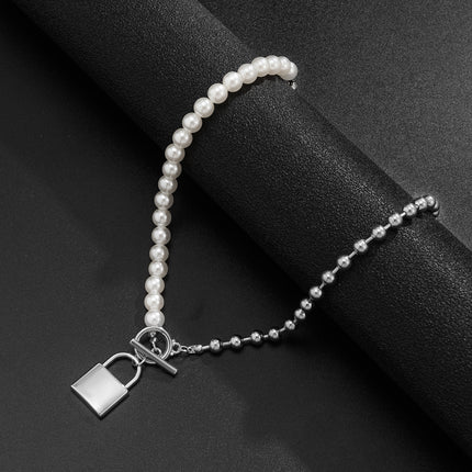Pearl Round Bead Clavicle Alloy Lock Pendant Necklace