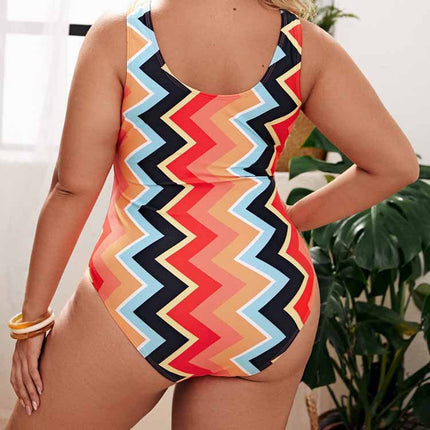 Traje de baño de rayas de rombo con lazo de bikini de una pieza de talla grande para mujer