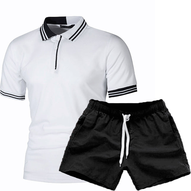 Traje de pantalones cortos de polo informal delgado a juego de color a rayas para hombre