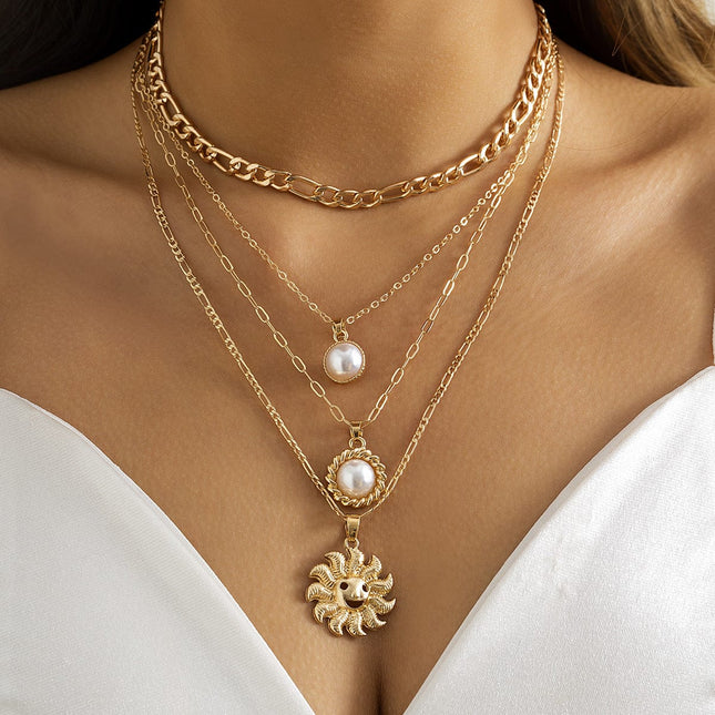 Vintage Pearl Sunflower Pendant Necklace Metal Chain