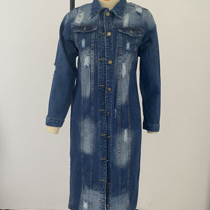 Wholesale Women's Fall Ripped Washed Loose Long Sleeve Denim Coat