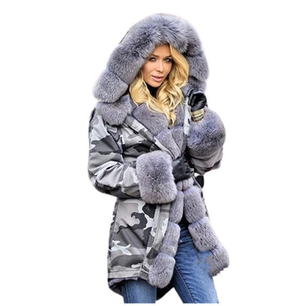 Wholesale Women's Faux Fur Panel Long Camouflage Hooded Padding
