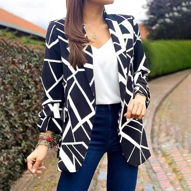 Wholesale Women Spring and Autumn Printed Suit Collar Buttonless Blazer Jacket