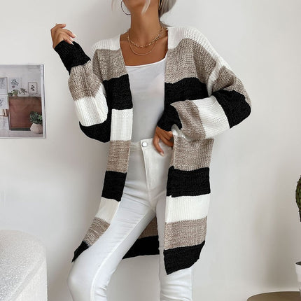 Wholesale Women's Fall Winter Knitted Cardigan Striped Sweater Coat