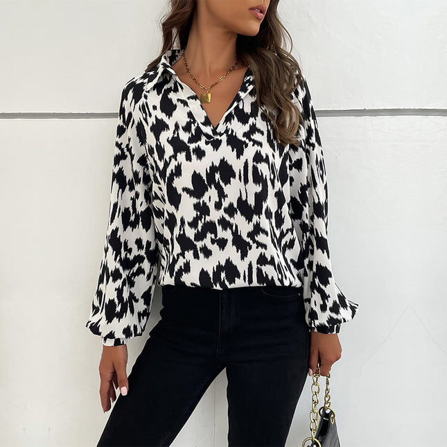 Camisa de leopardo de manga larga con solapa de primavera para mujer