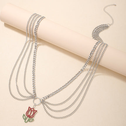Fashionable Simple Flower Rhinestone Tassel Multilayer Waist Chain