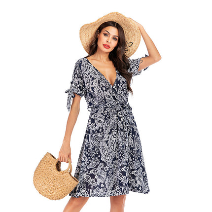 Wholesale Women's Summer Floral Deep Bowknot Strap Short Sleeve Dress