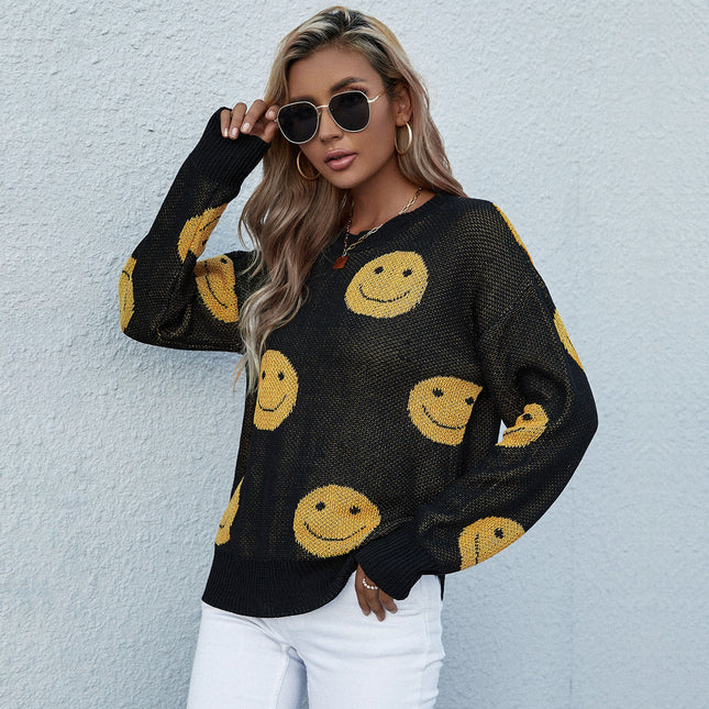 Wholesale Women's Fall Winter Round Neck Smiley Pullover Sweater