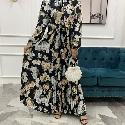 Muslim Ladies Fashion Printed Pleated Swing Long Dress