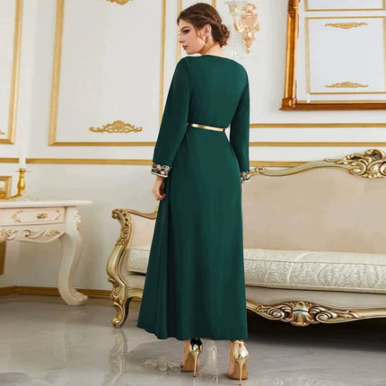 Wholesale Middle East Dubai Women's Long Sleeve Applique Dress Robe With Belt