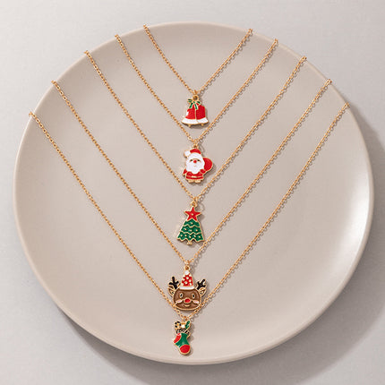 Dripping Oil Color Santa Elk Element Cartoon Cute Christmas Tree Bell Necklace Set