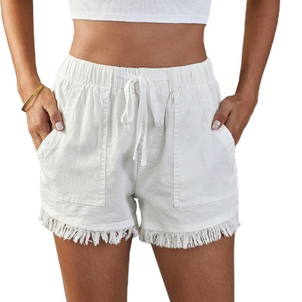 Wholesale Women's Elasticated Waistband Brushed Tassel High Rise Denim Shorts