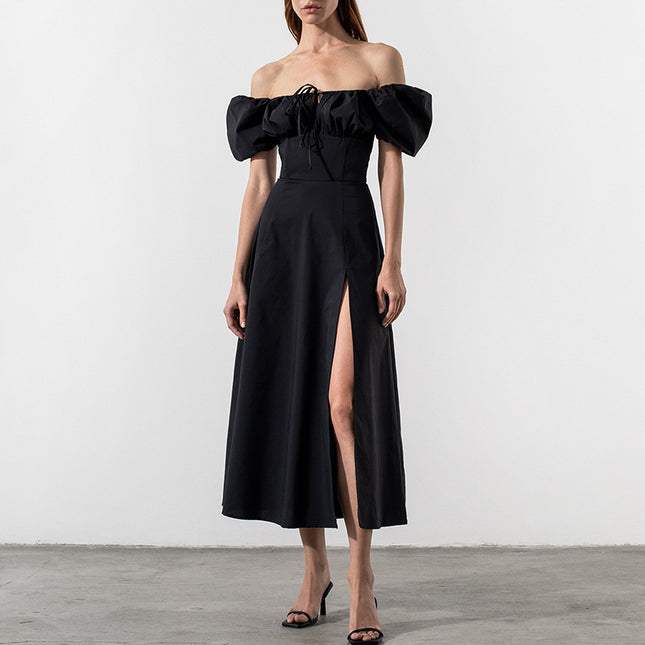 Wholesale Women's Puff Sleeve Solid Color Slit Long Dress