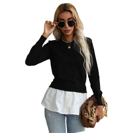 Wholesale Women's Autumn Knitted Panel Fake Two-Piece Pullover Shirt