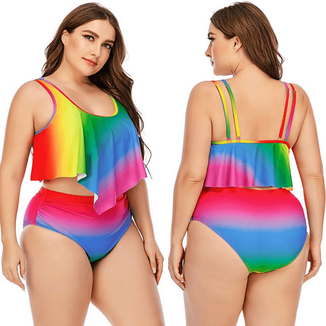 Wholesale Ladies Bikini Print Split Gradient Oversized Ruffle Swimsuit