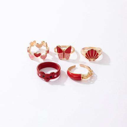 Peach Heart Piggy Animal Combination Love Butterfly Scallop Red Oil Drip Ring 5-Piece Set