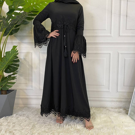 Middle East Muslim Fashion Ladies Lace Stitching Tie Dress