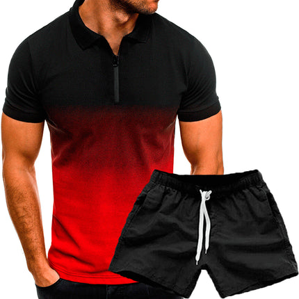 Wholesale Men's Summer Casual Lapel Gradient Short Sleeve Polo Shirt Shorts Two Piece Set