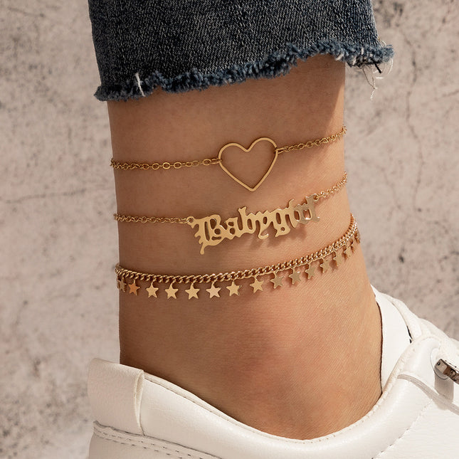 Letter Hollow Peach Heart Three Layer Anklet Star Disc Multilayer Anklet