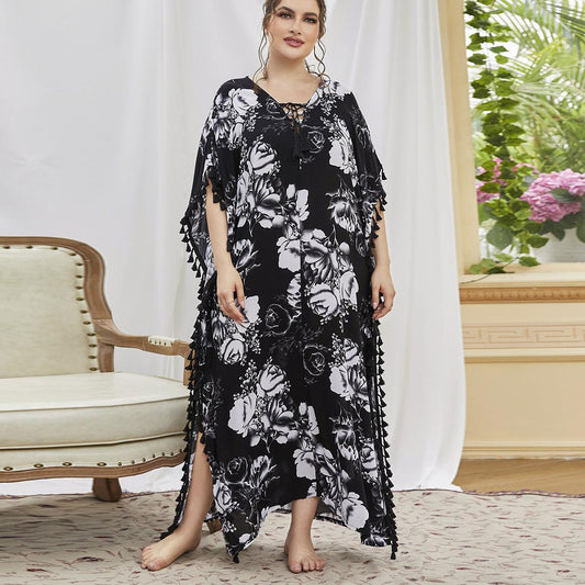 Wholesale Muslim Ladies Plus Size Pajamas Loose Printed Short Sleeve Long Nightgown