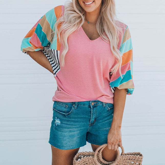 Women's Striped Contrast Color V-Neck Loose T-Shirt Half Sleeve Top