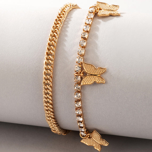 Fashion Alloy Rhinestone Butterfly Double Layer Anklet