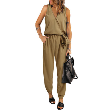 Wholeslae Women's Solid Color V Neck Tie Sleeveless Wrap Tank Jumpsuit
